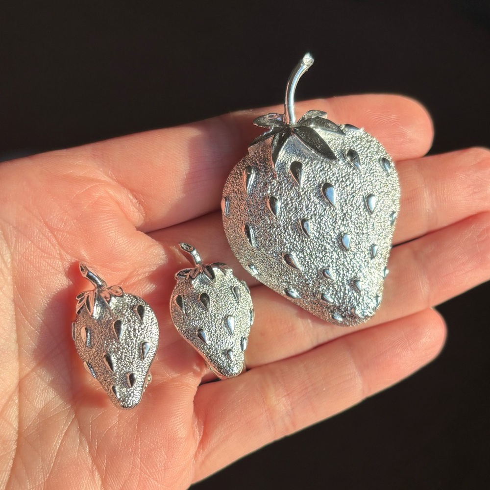 Vintage mid-century silver Strawberry brooch and earrings set by Sarah Coventry